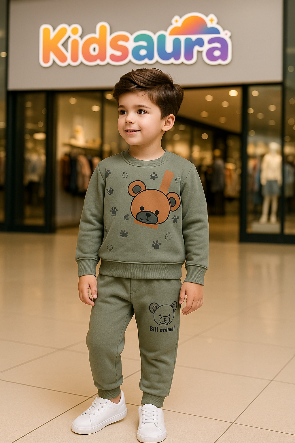 “Kidsaura – Olive Green Bear Graphic Cozy Fleece Tracksuit for Boys
