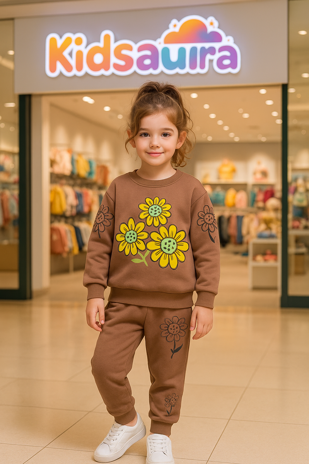 “Kidsaura – Brown Daisy Floral Fleece Tracksuit for Girls