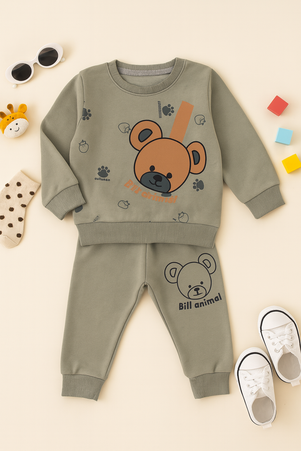 “Kidsaura – Olive Green Bear Graphic Cozy Fleece Tracksuit for Boys