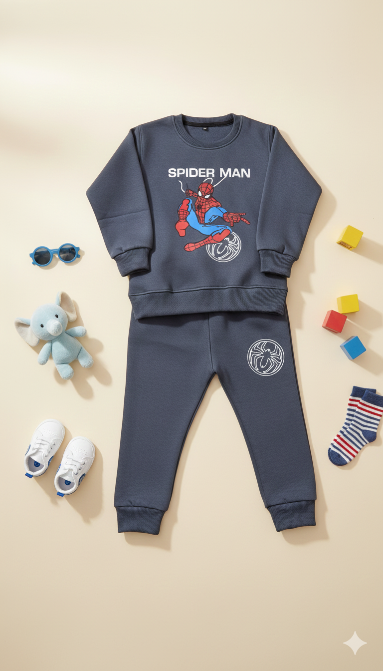Kidsaura – Navy Blue Spider Hero Printed Fleece Tracksuit for Boys