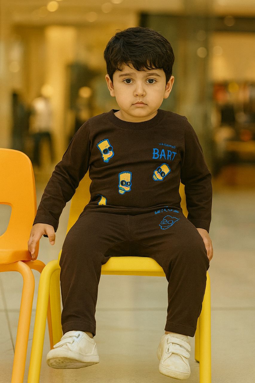 🟤 “Cute Brown Cartoon-Print Kids Winter Tracksuit – Soft & Cozy Warm Wear”