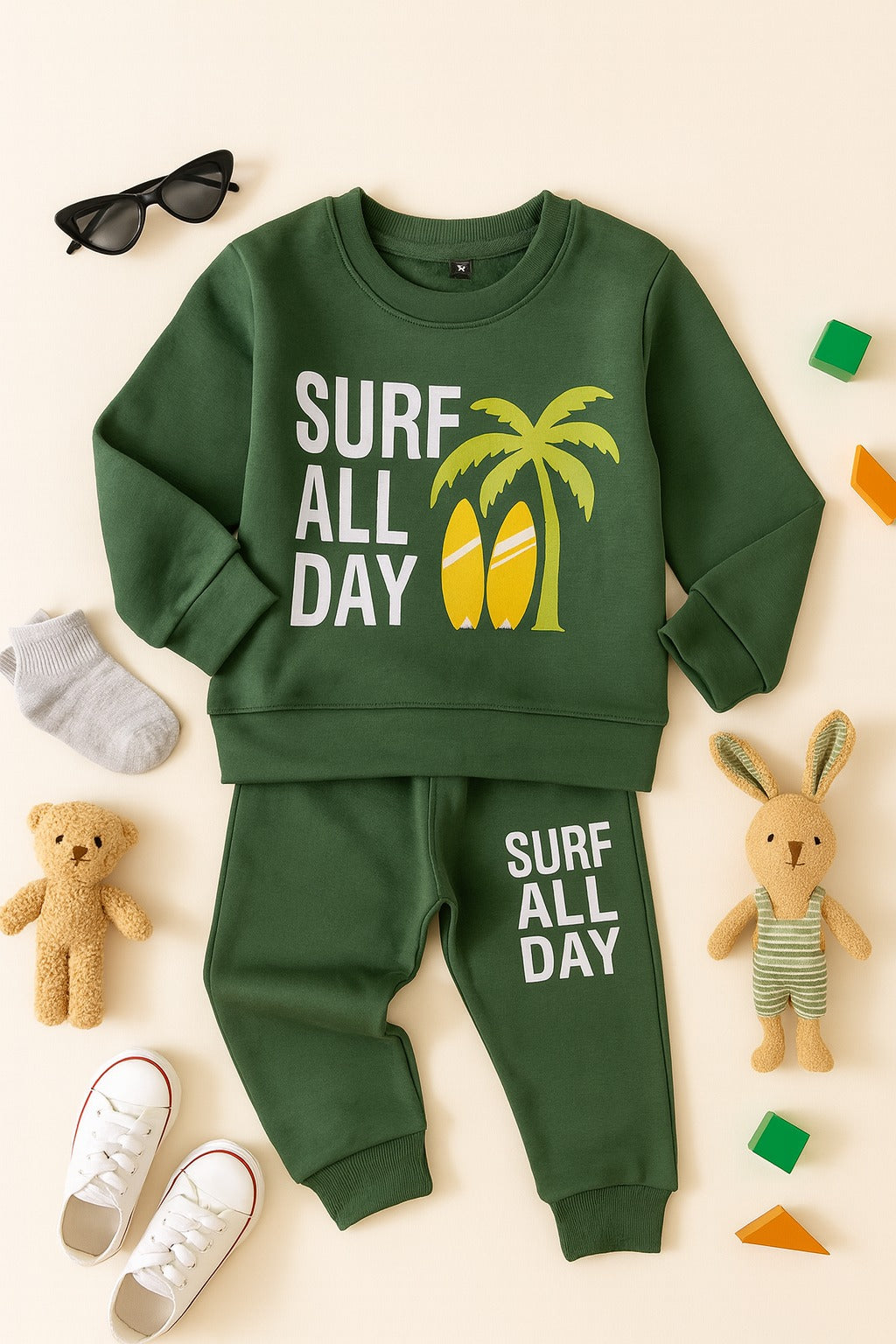 Green “Surf All Day” Cozy Tracksuit for Kids