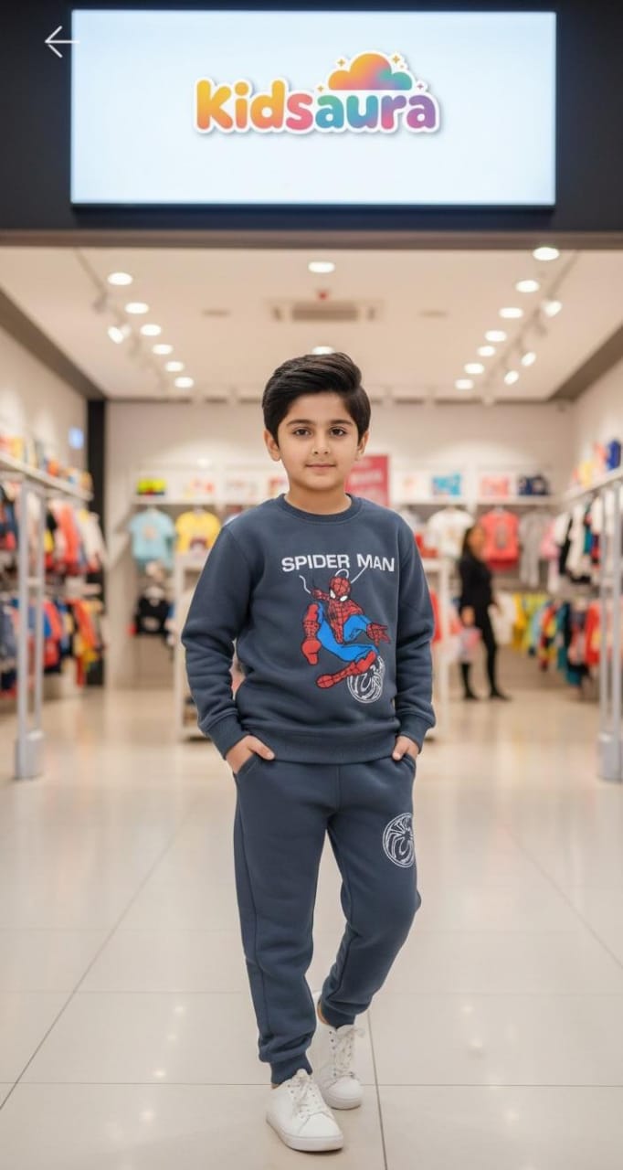 Kidsaura – Navy Blue Spider Hero Printed Fleece Tracksuit for Boys