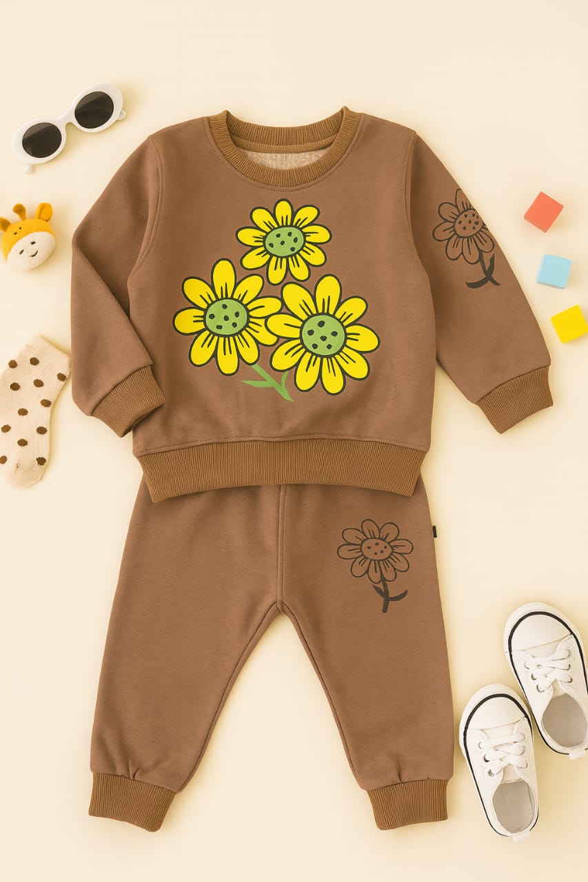 “Kidsaura – Brown Daisy Floral Fleece Tracksuit for Girls